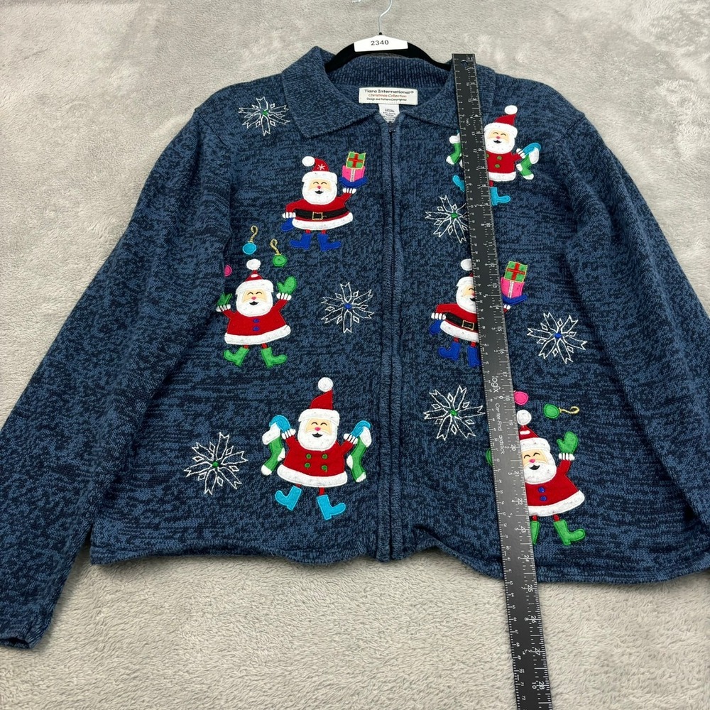 VTG Tiara International Christmas Santa Sweater Women L Blue Ramie Full Zip - Picture 10 of 16